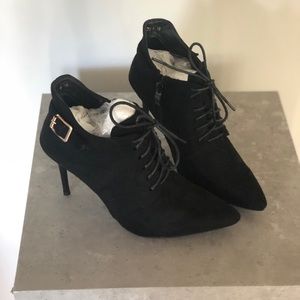 Black Suede Lace-Up Pointed Toe Booties